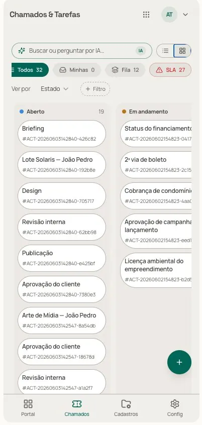 Kanban de chamados do Jubs no celular